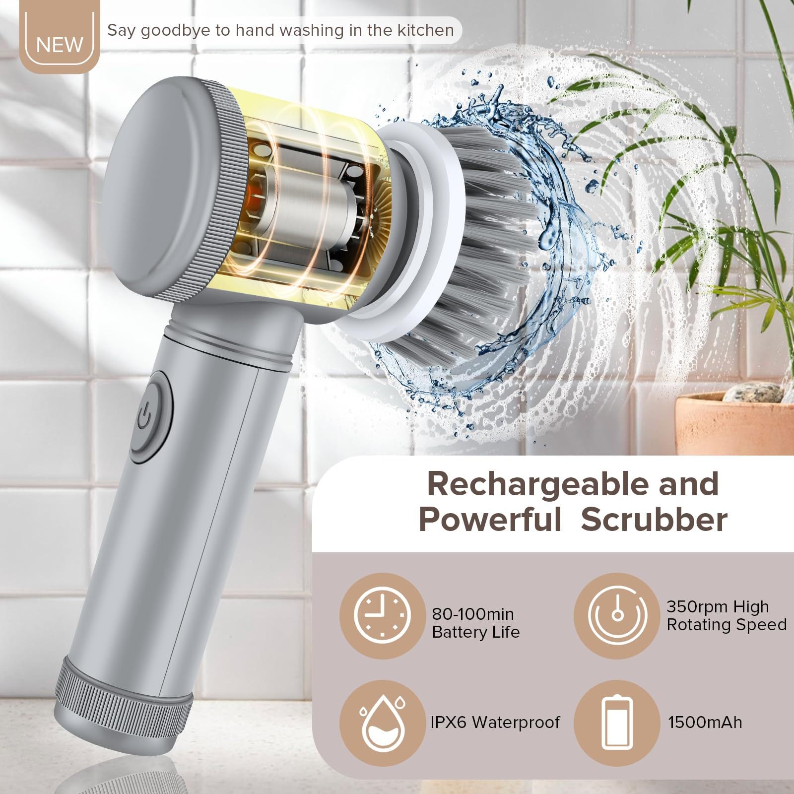 Grey electric cleaning scrubber with rotating brush head and water spray