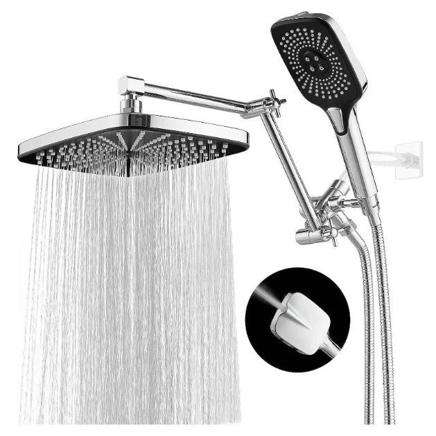 Chrome concealed shower set with overhead rain head and handheld sprayer with hose