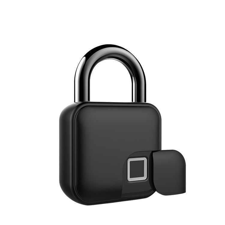 Black fingerprint smart padlock with U-shaped shackle and glowing sensor panel