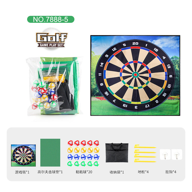 Golf game play set with bullseye target mat and bundled accessories in packaging.