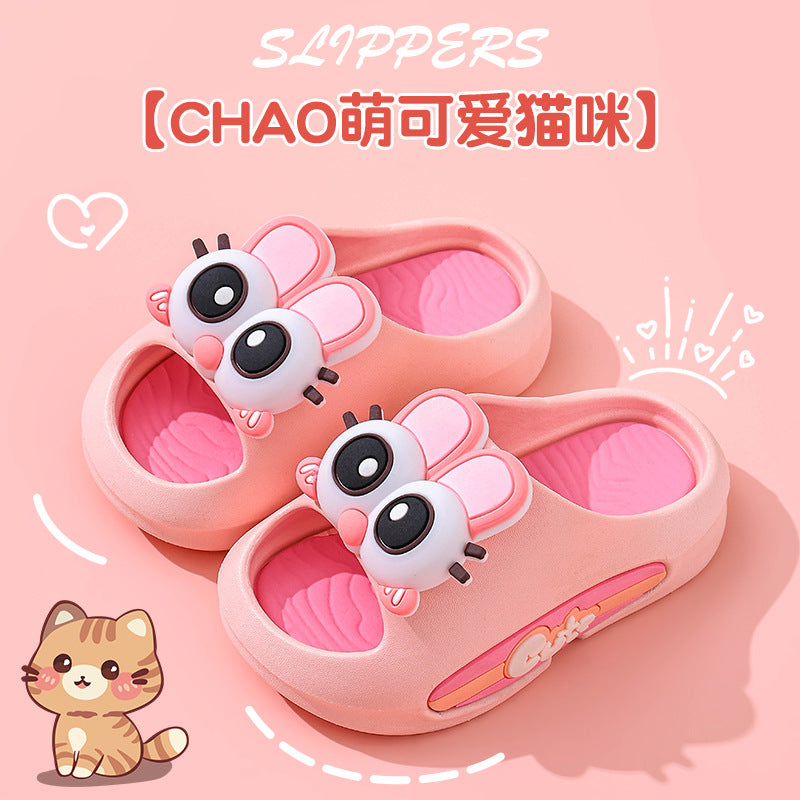 Children's anti-slip indoor sandal slippers, pink with panda-like animal face appliques