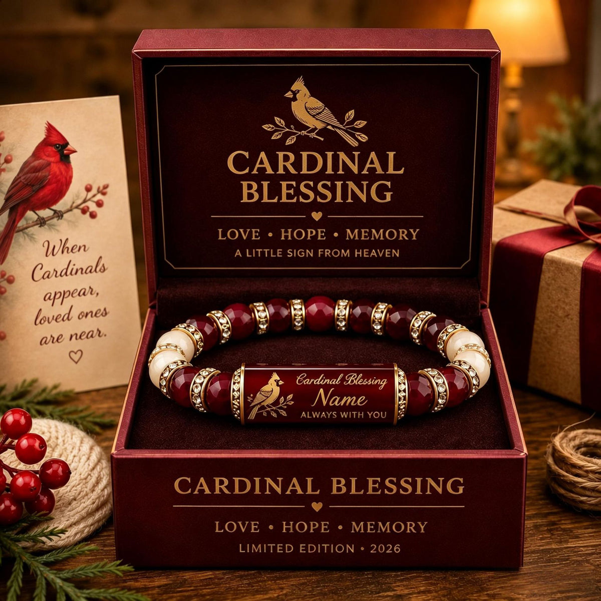Cardinal-themed beaded bracelet with red and white beads, gold accents, and bird charm