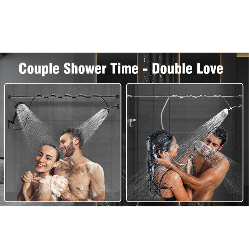Double shower head set with two handheld sprays on extension rods, black finish