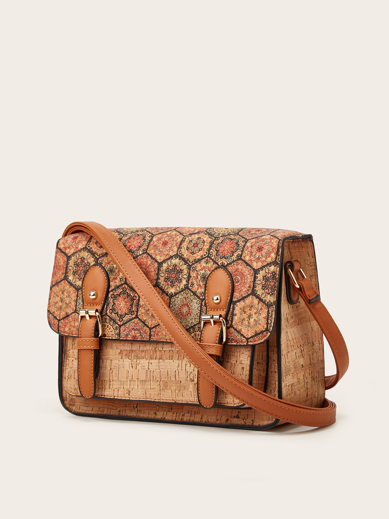 Women’s crossbody bag with side view, teal geometric print flap and tan cork-style body