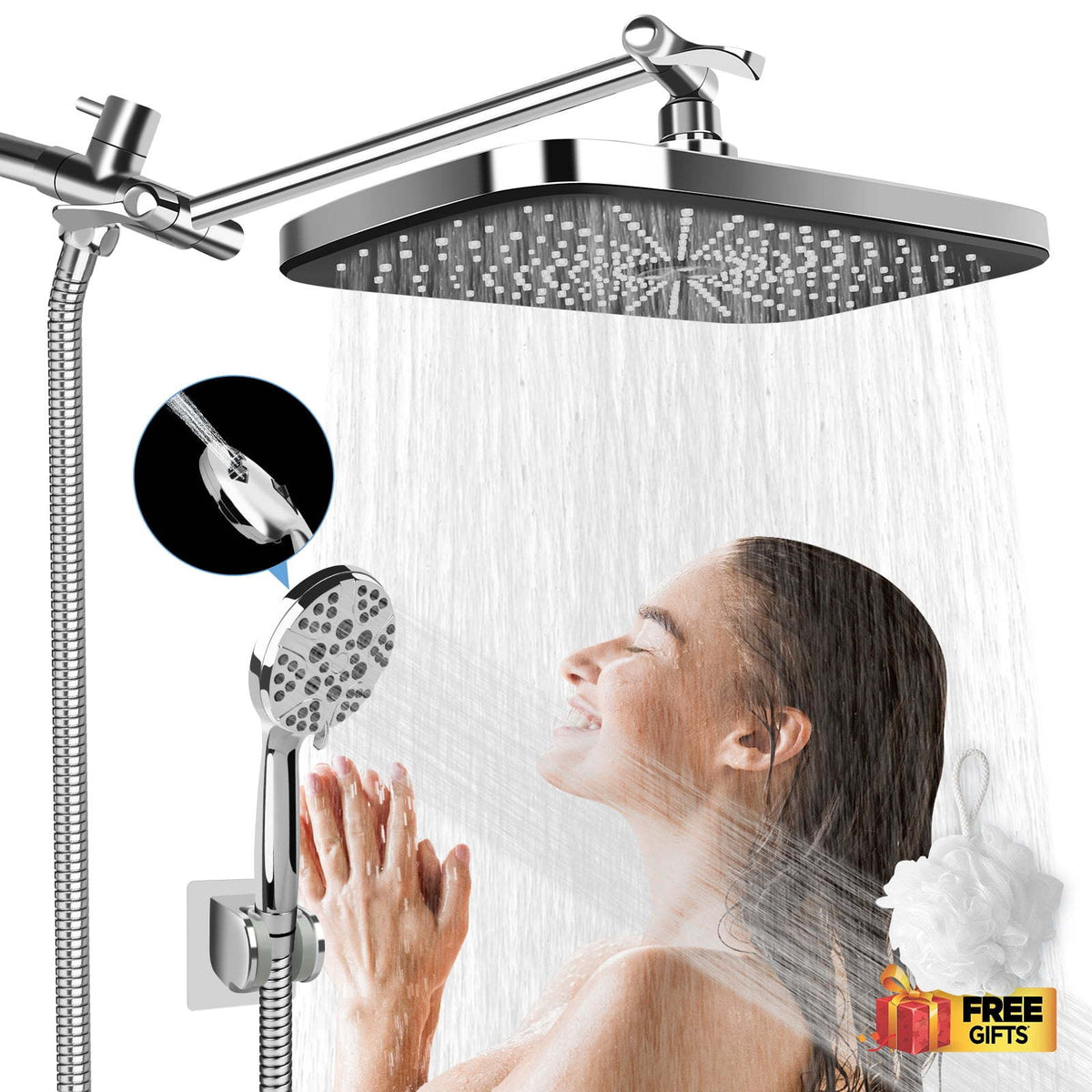 Stainless steel rain shower head with handheld sprayer and shower hose, chrome finish
