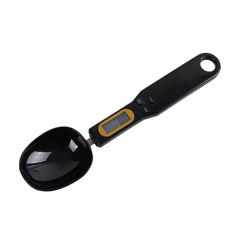 Black digital weighing spoon scale with LCD display and hanging loop