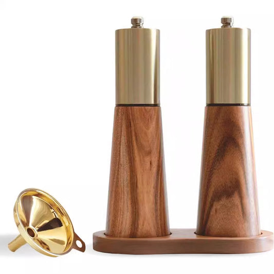 Manual acacia wood pepper and salt grinder set with gold cap and base tray