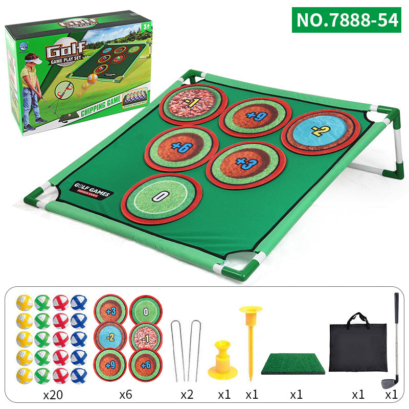 Children’s green golf mat with circle scoring rings, foldable frame, and accessory list