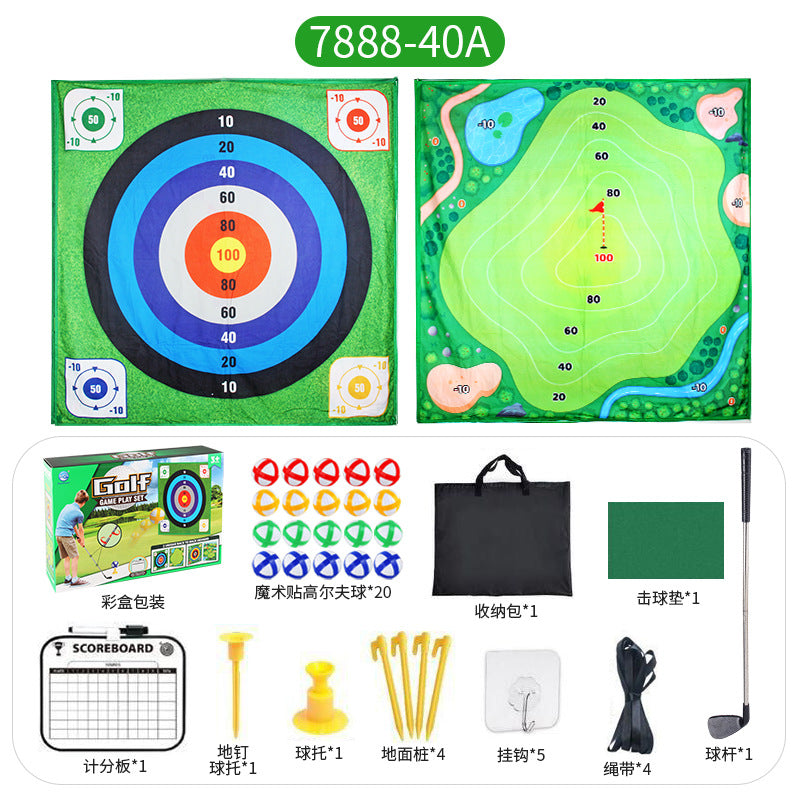 Golf game play set box with two play mats and target scoring board plus accessories.