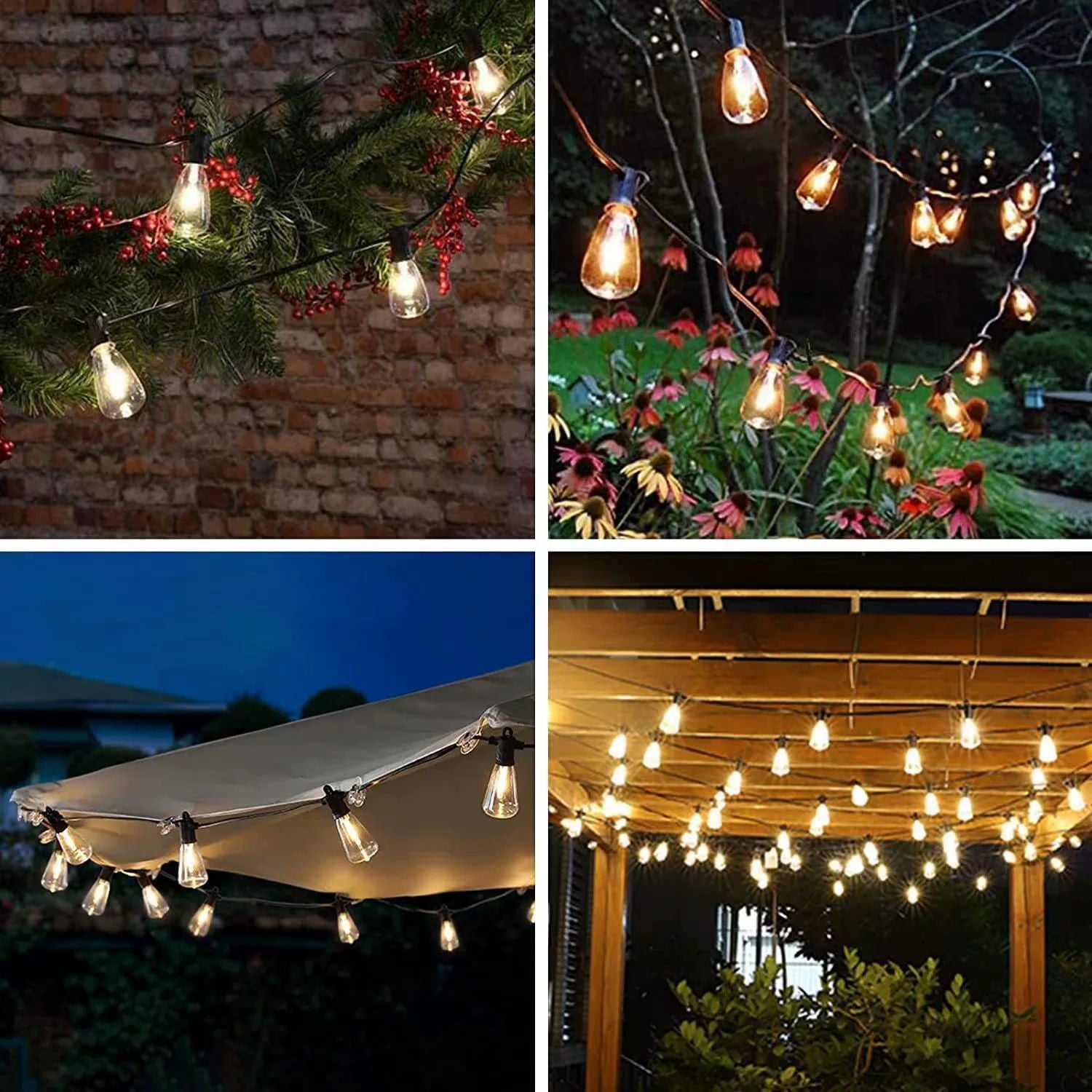 Outdoor LED lamp string with warm glowing teardrop bulbs for hanging patio or tent
