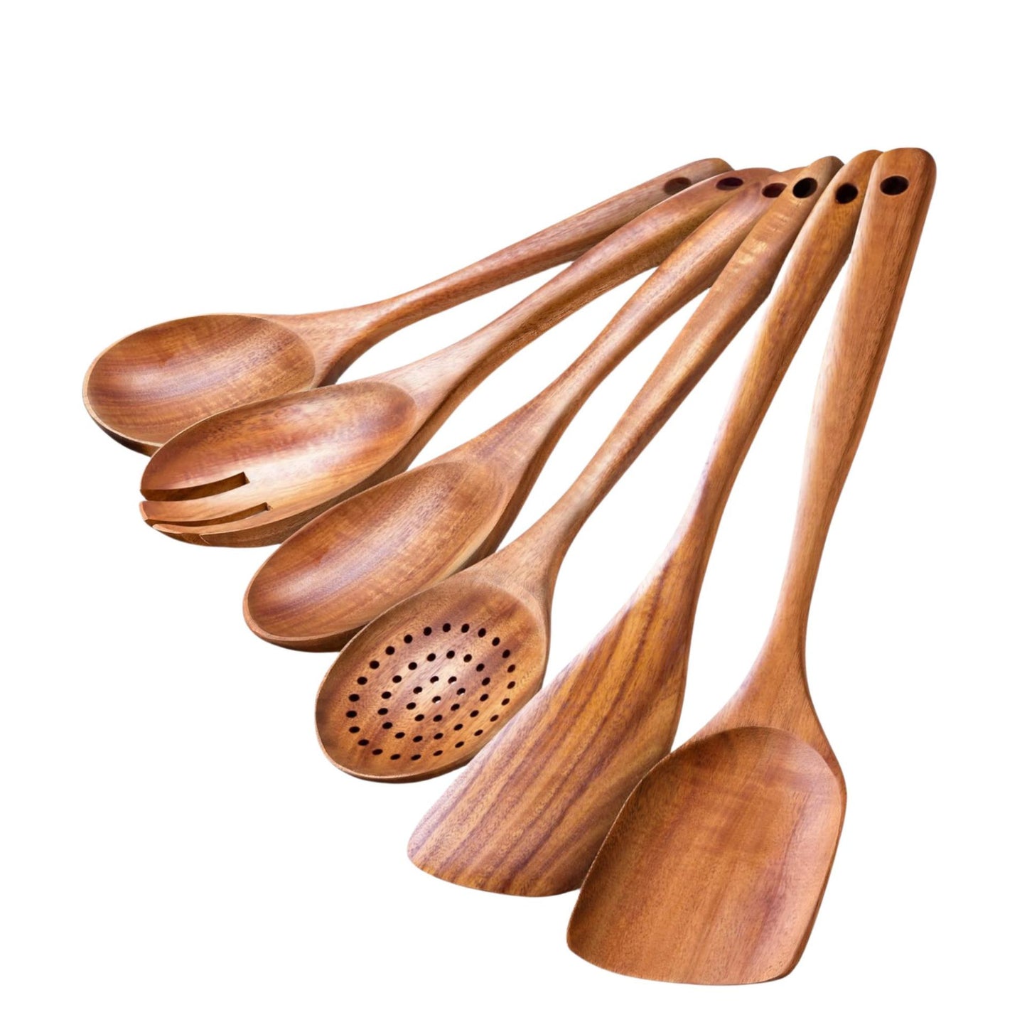 Assorted wooden cooking utensils: spoons, spatulas, and a perforated strainer spoon