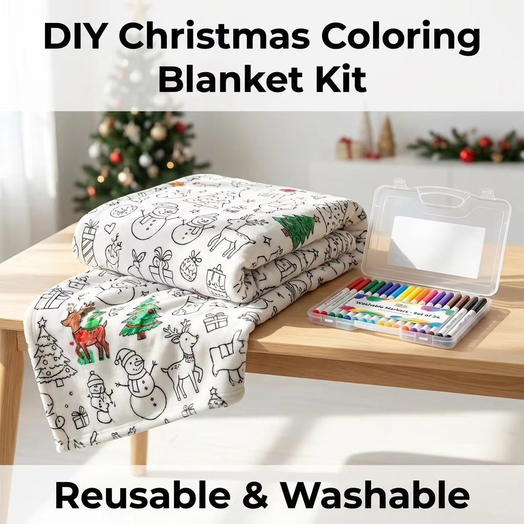 DIY Christmas coloring blanket kit with folded blanket and plastic pen case