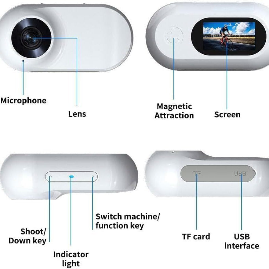 White pet collar action camera with microphone, lens, screen, and control buttons