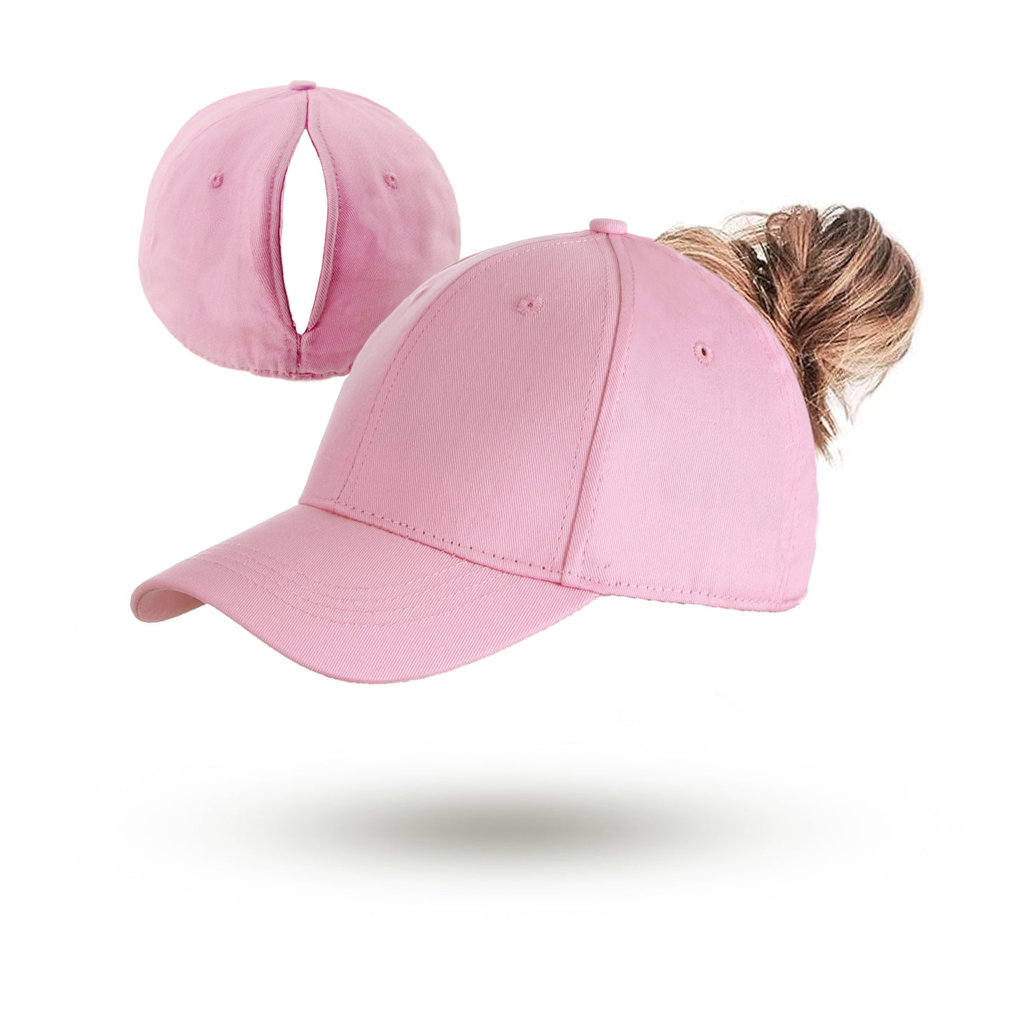 Light pink ponytail baseball cap with open back and curved brim
