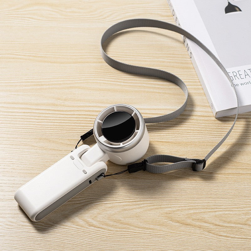 White portable neck fan with circular grille and gray neck strap