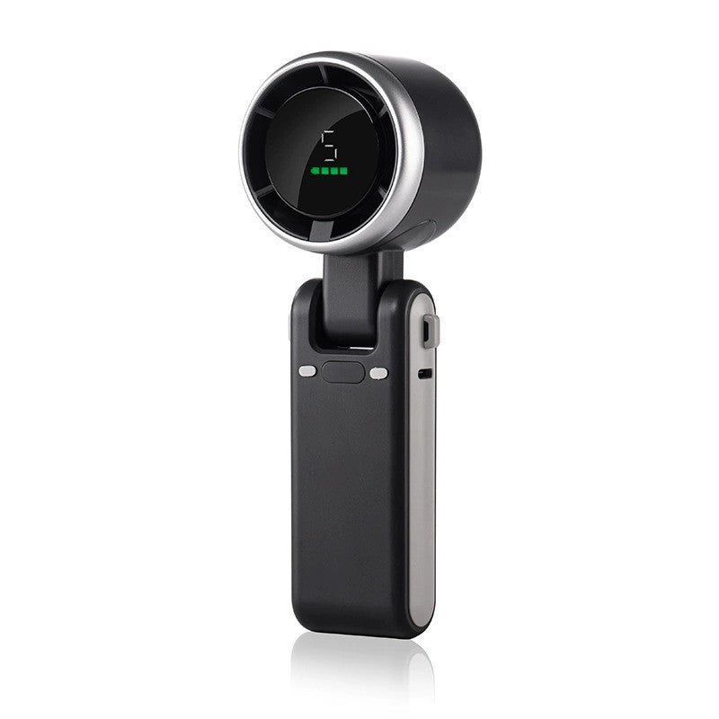 Black handheld mini neck fan with circular grille and LED speed display
