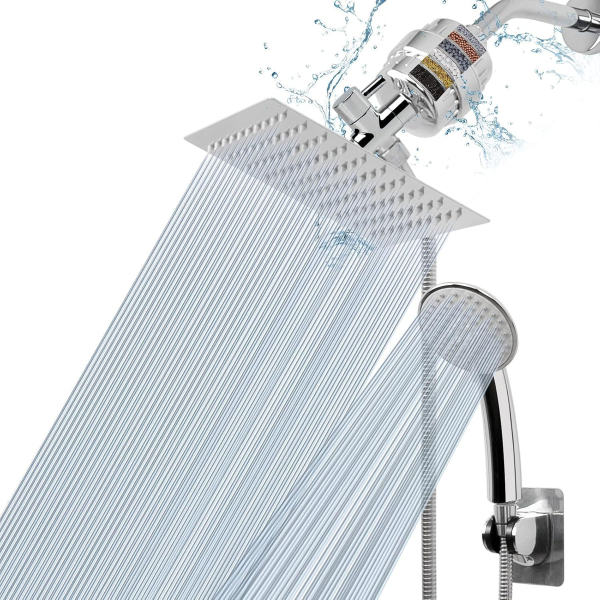 Square rainfall shower head with water flow, plus handheld shower head and hose