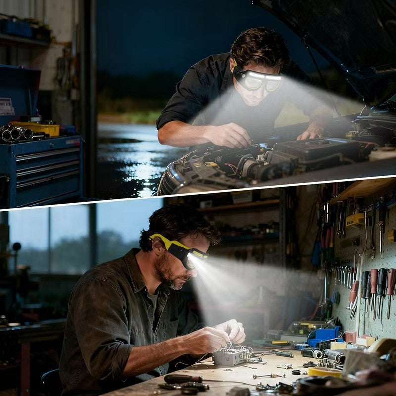 Glasses-style LED headlamp worn by a person, shining a bright worklight beam