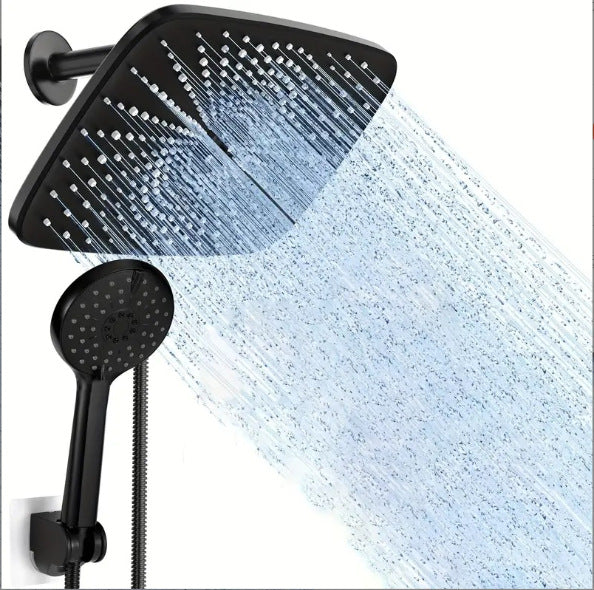 Black handheld shower head with chrome hose and matching rain spray panel