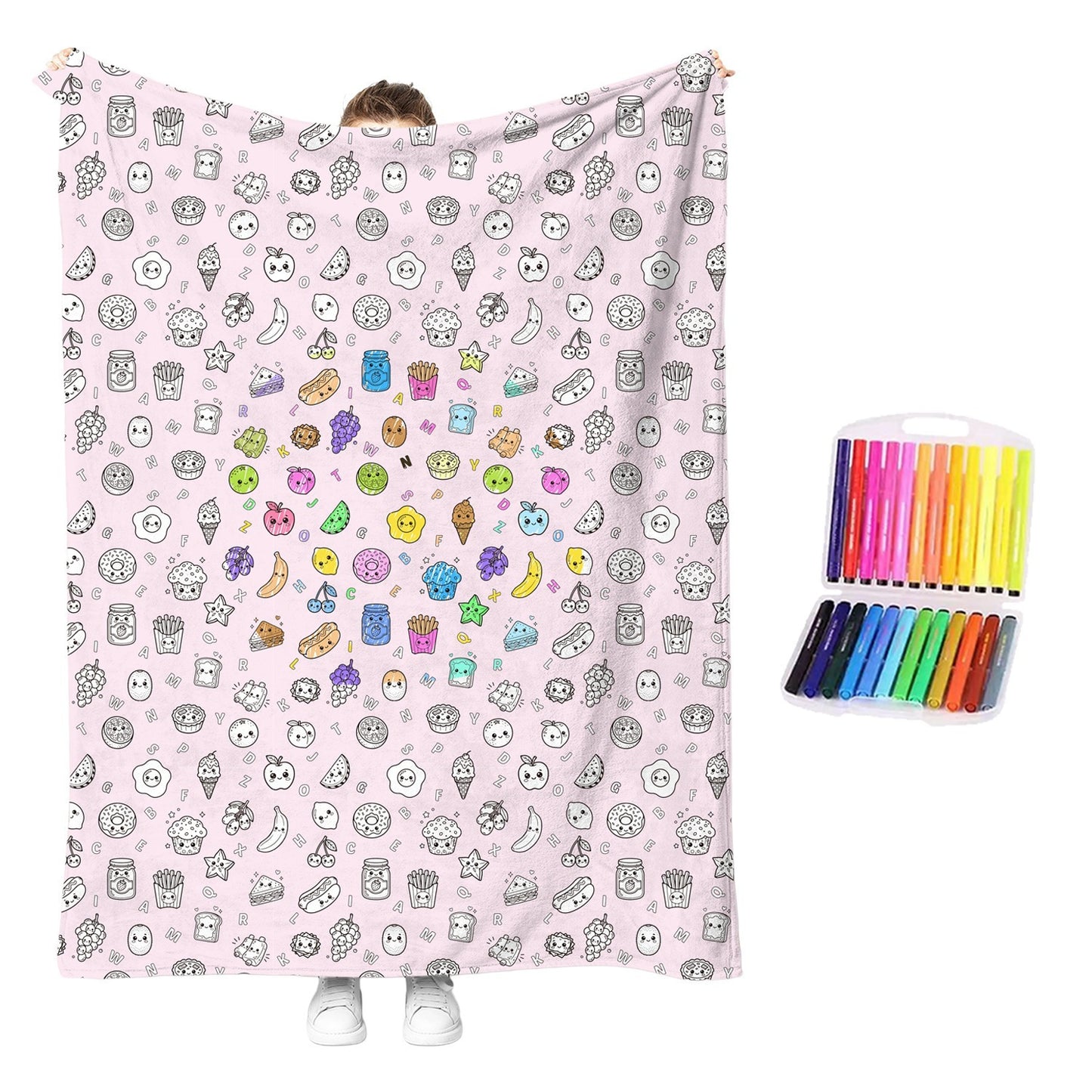 Cute icon washable coloring blanket, light pink; includes rainbow color pens set