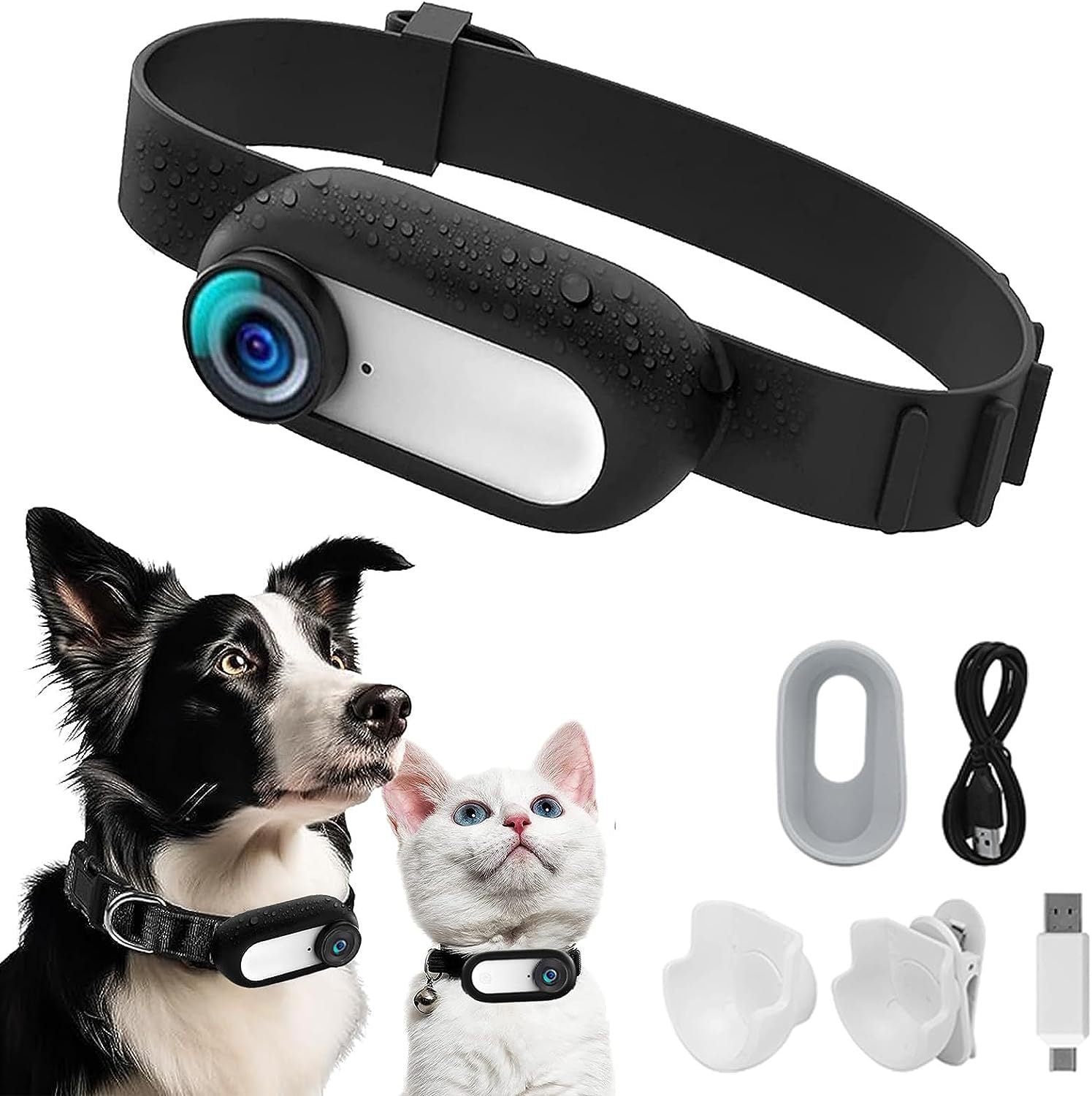 Black pet collar video camera kit with accessories and charging cable