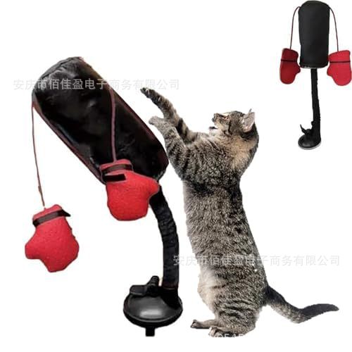 Cat wand toy with black base and red plush feather attachments, 11.5 in