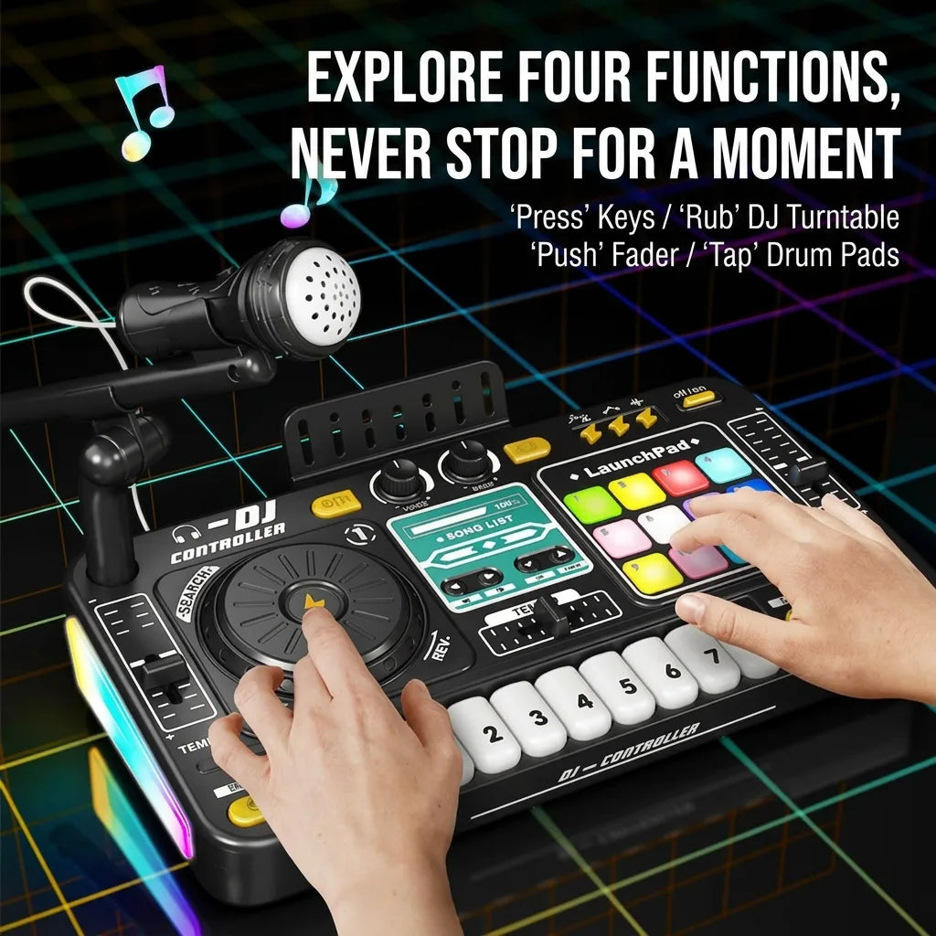 Children’s DJ turntable music toy with microphone, black controller with colorful pads
