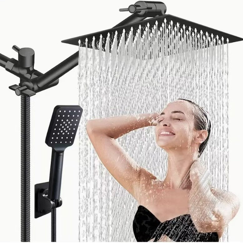 Black rain shower system with square shower head and handheld sprayer, adjustable bracket
