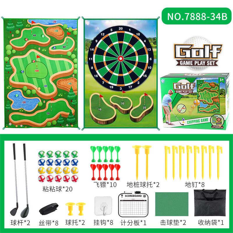 Children's golf game set with green scoring mat, dartboard target, and included accessories