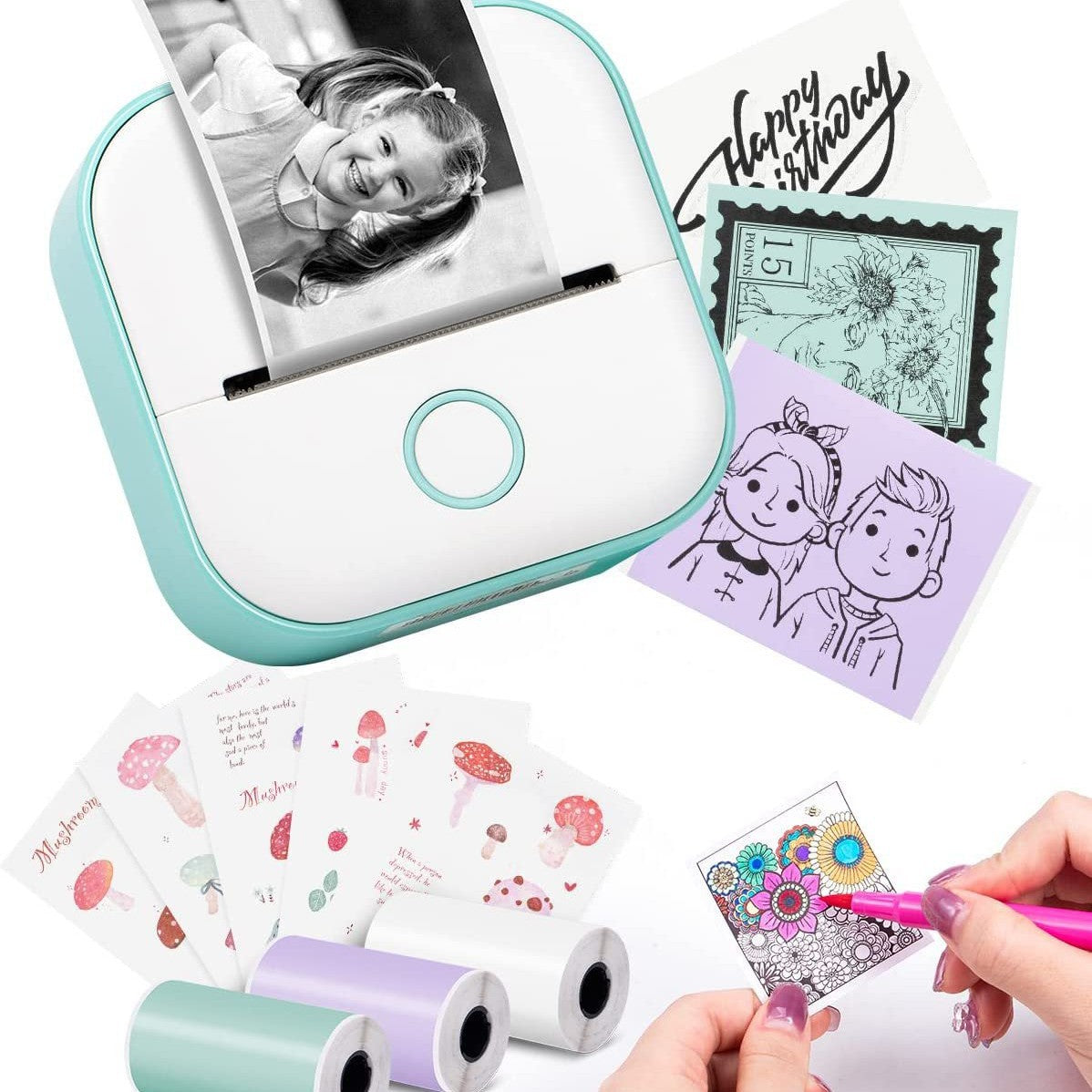 Teal mini thermal printer with printed label sheets and thermal paper rolls