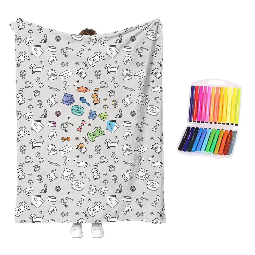 Reusable coloring blanket with gray background and doodle icons pattern