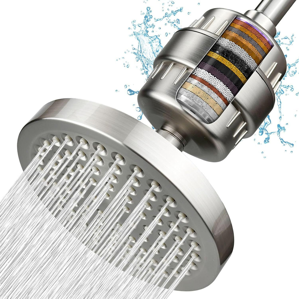 Stainless steel round rainfall shower head with spray nozzles and water flow