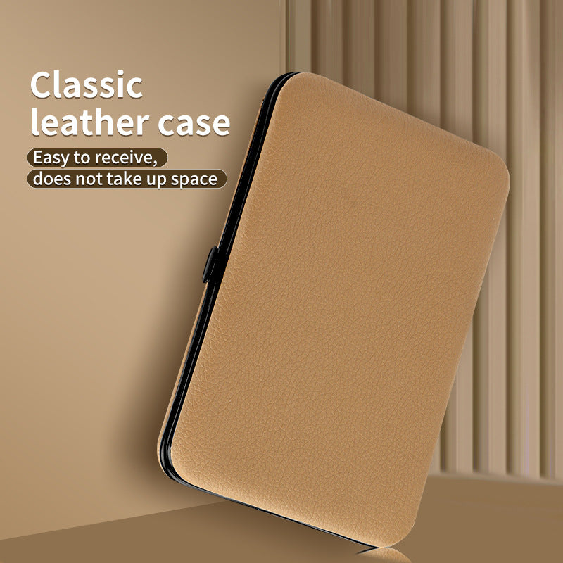 Tan leather-style carrying case for a nail grooming tool set, compact snap-close