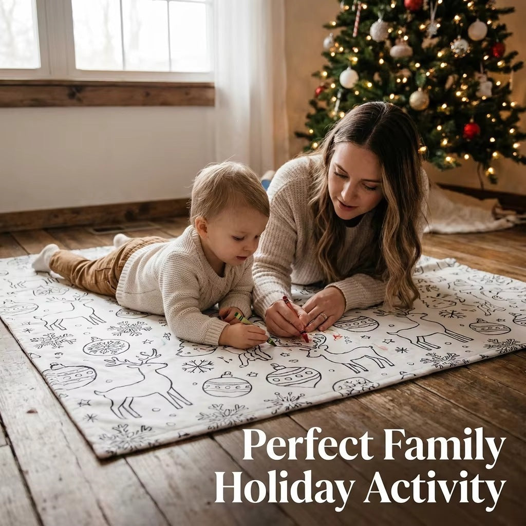 Washable DIY coloring blanket with black line drawings, kids coloring with markers