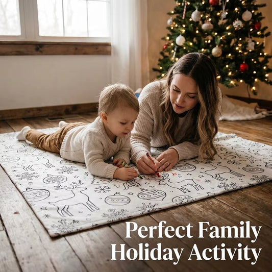 Washable DIY coloring blanket with black line drawings, kids coloring with markers
