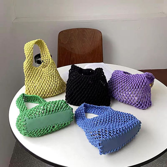 Woven cotton rope bucket bags, assorted candy colors in openwork net mesh