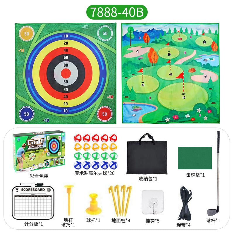 Golf game play set box with bullseye target and countryside scoring mat plus accessories.