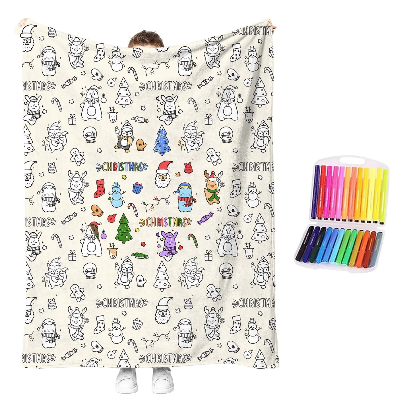 Holiday character washable coloring blanket, cream; includes rainbow color pens