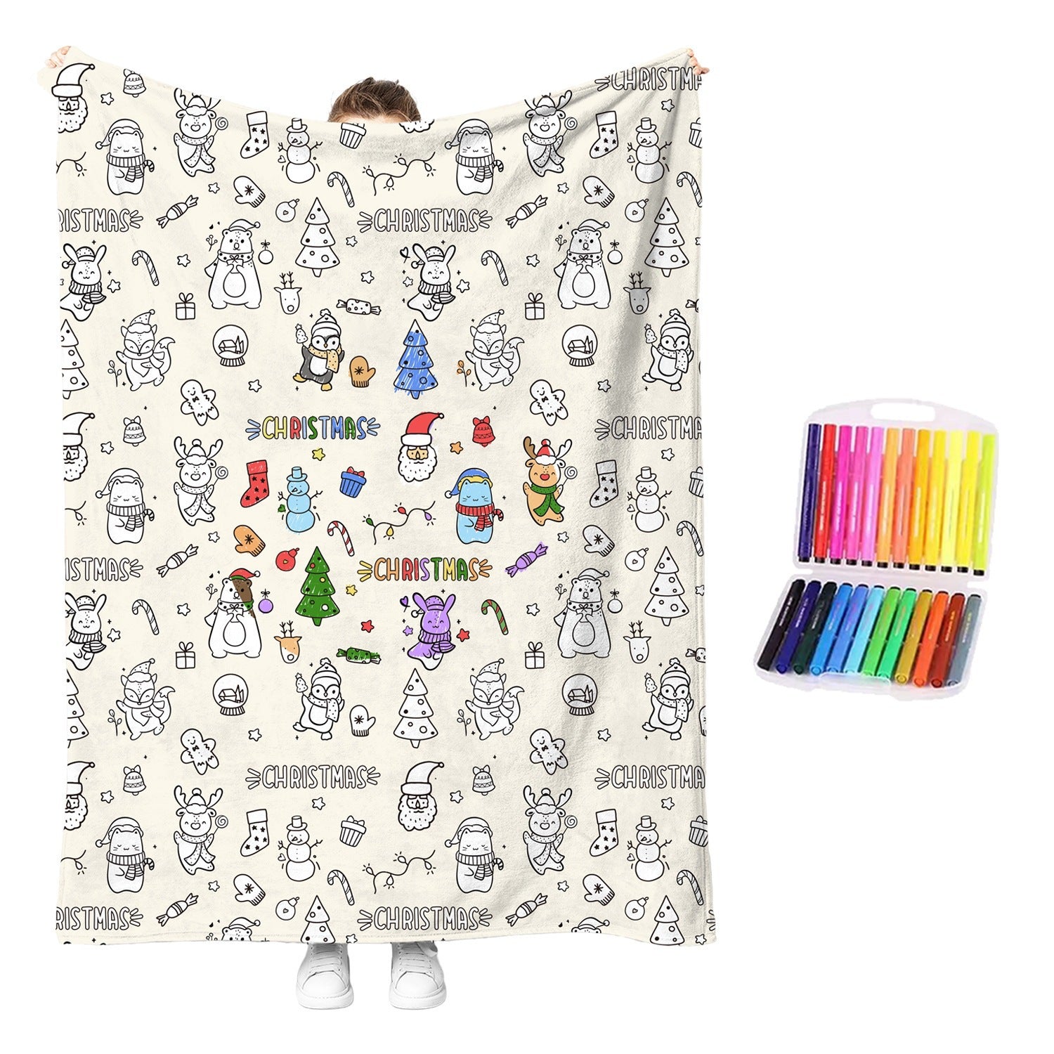 Holiday character washable coloring blanket, cream; includes rainbow color pens