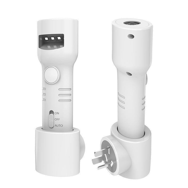 White rechargeable motion-sensing LED torch with charging dock, shown from front and side