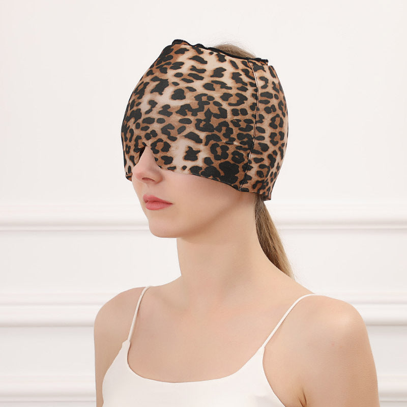 Leopard-print gel ice & hot compress head hood with contoured face opening
