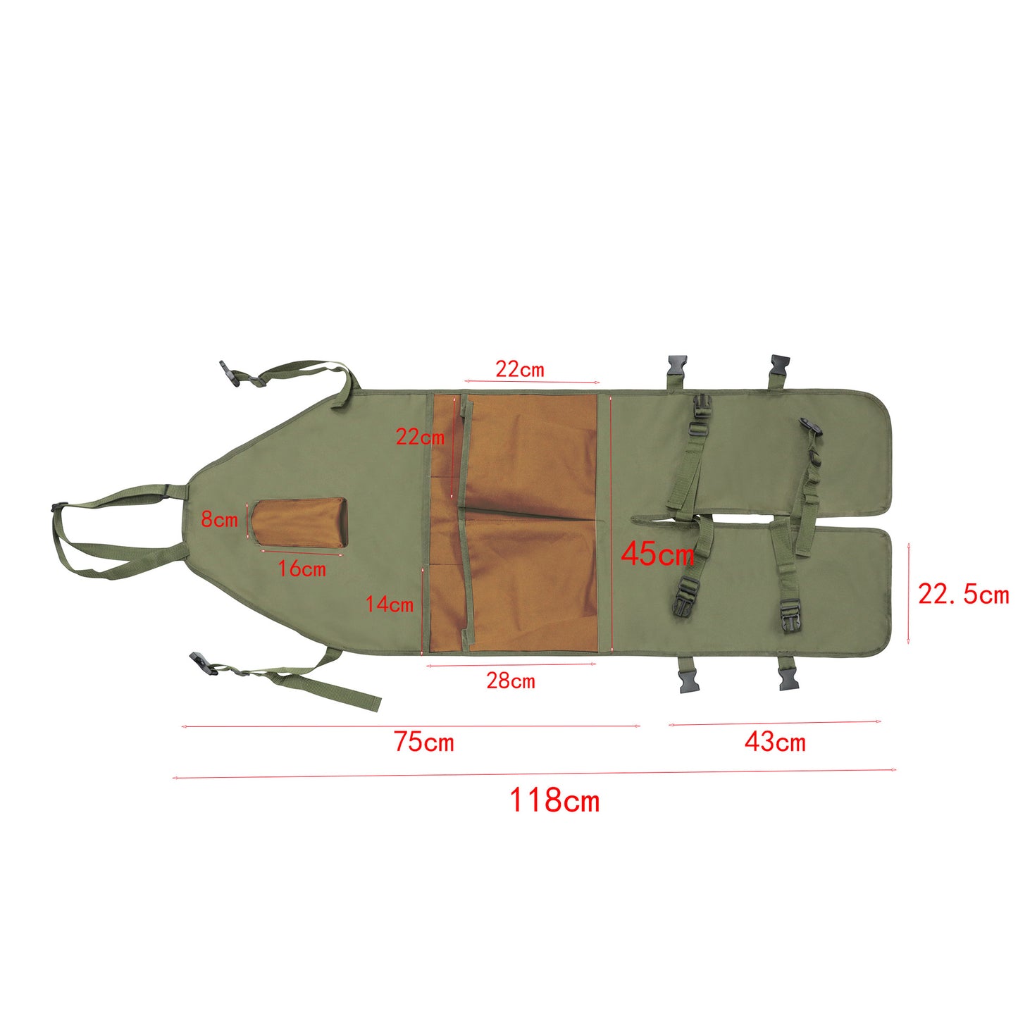 Green leg apron with brown panels and adjustable straps, labeled size diagram