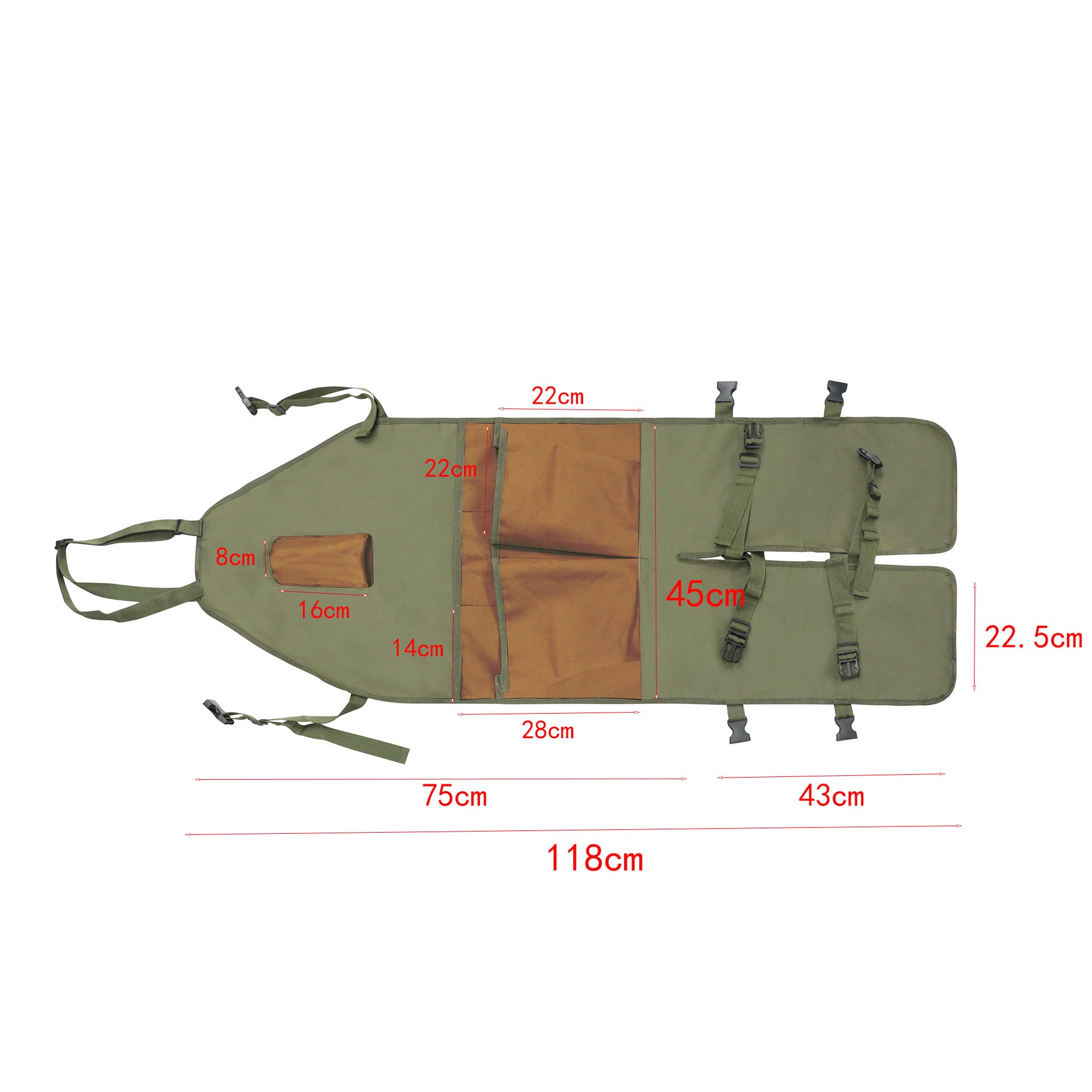 Green leg apron with brown panels and adjustable straps, labeled size diagram