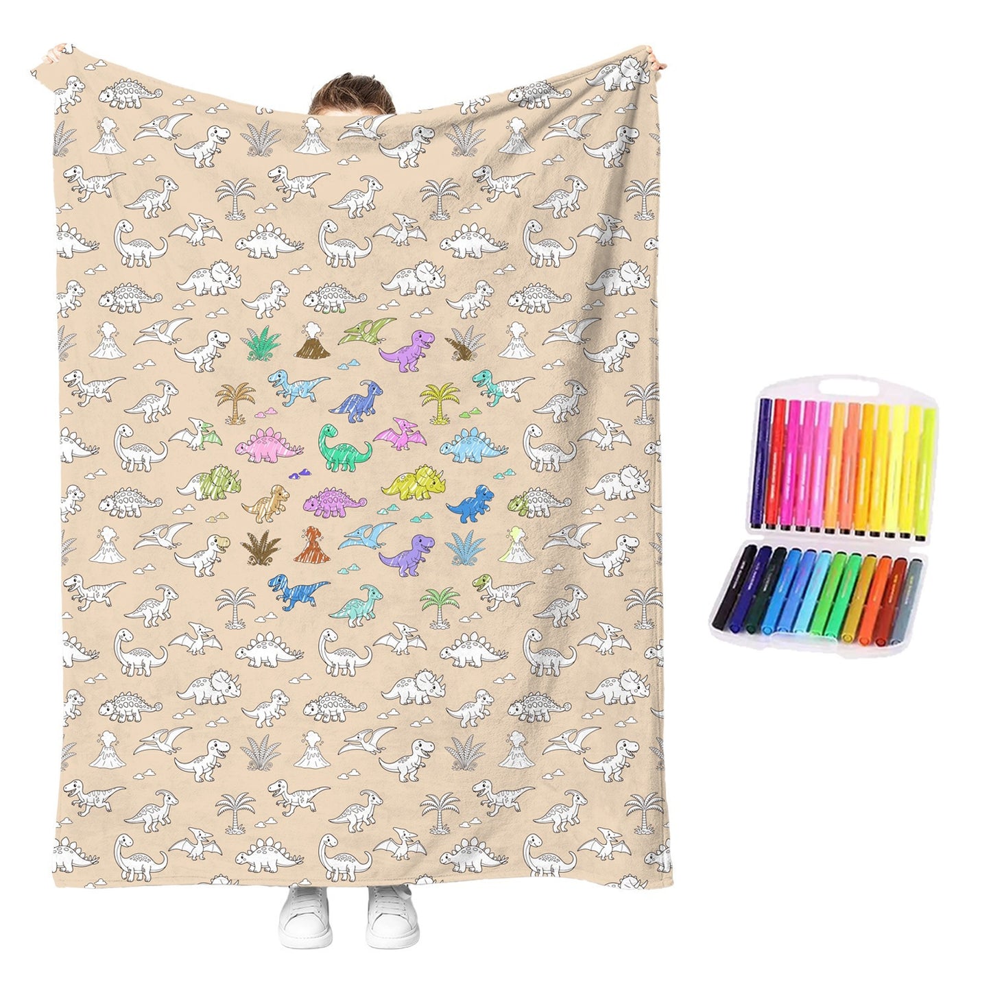 Reusable coloring blanket with tan dinosaur pattern and multicolor outline details