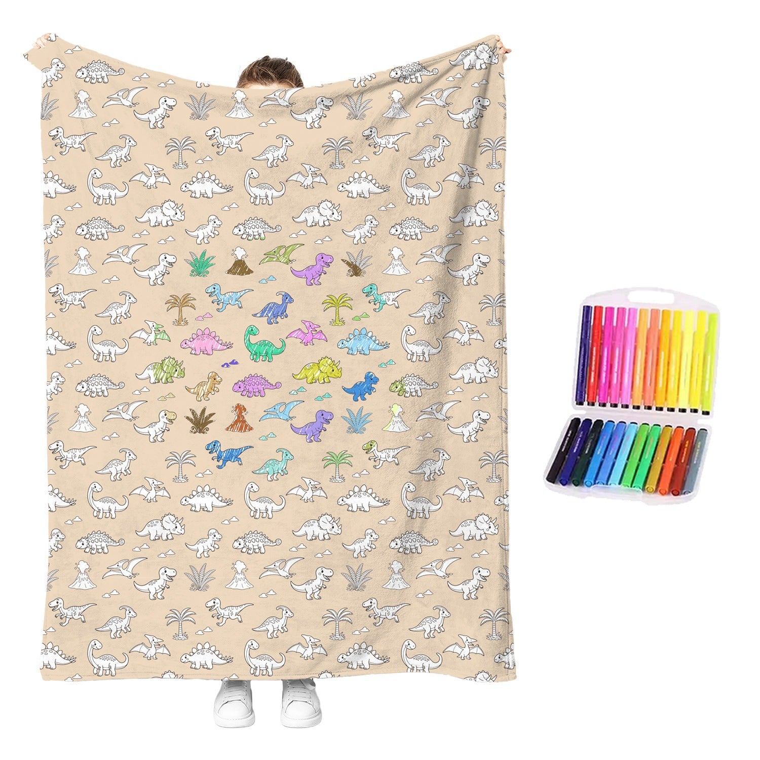 Reusable coloring blanket with tan dinosaur pattern and multicolor outline details