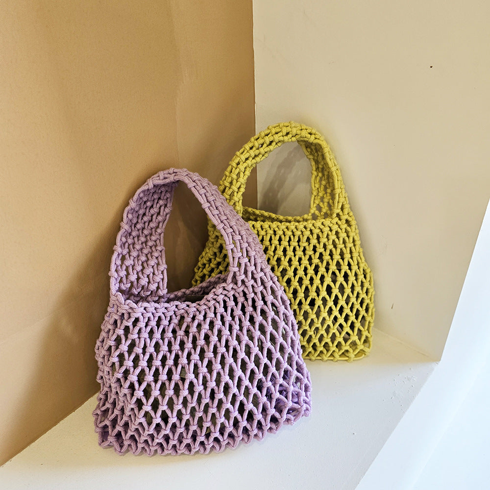 Lilac and yellow woven cotton rope bucket bags with openwork net mesh