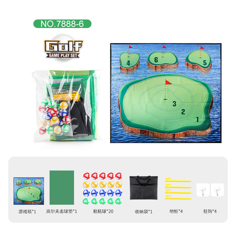 Children's golf play mat with river course and included clubs, balls, and storage pouch