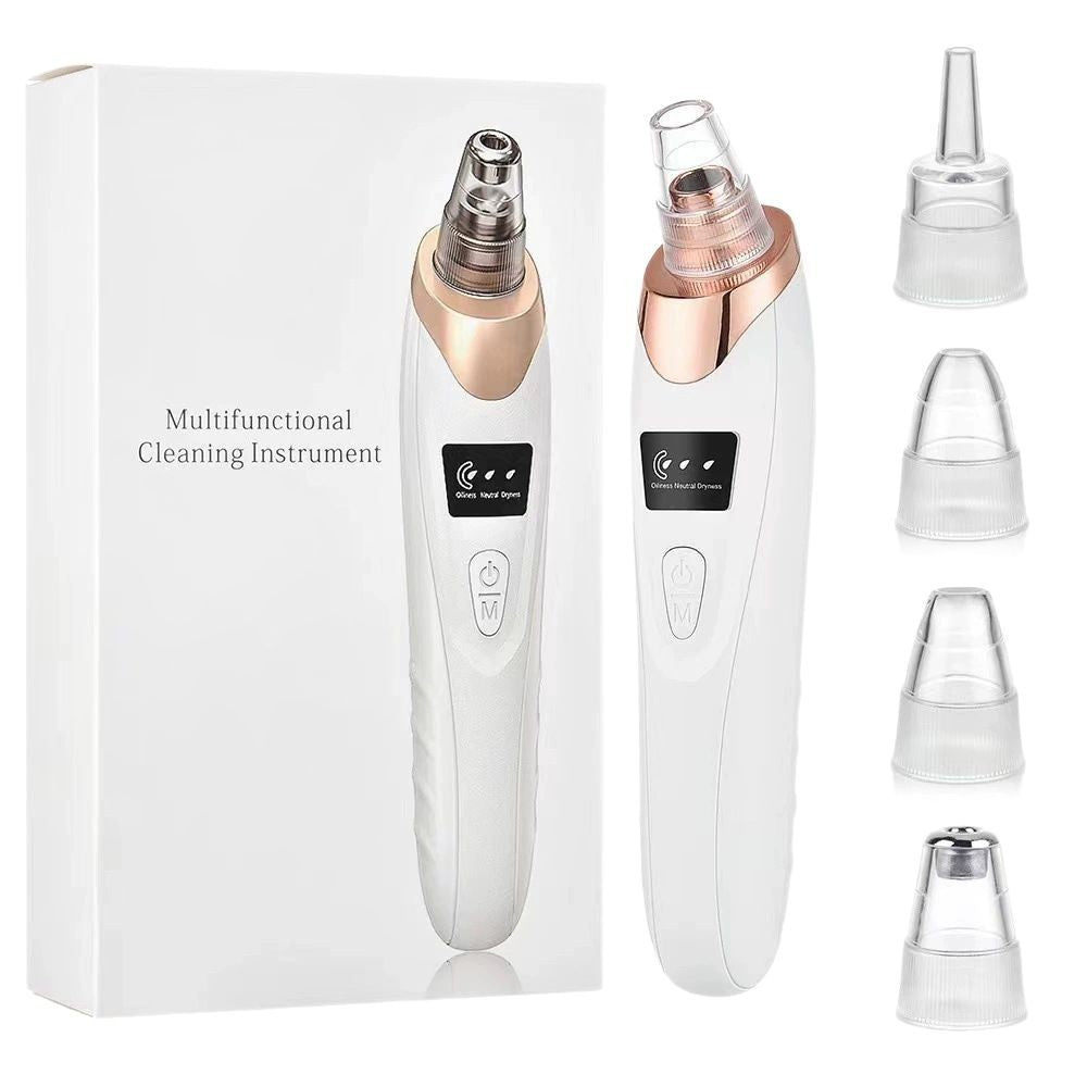 White rechargeable pore vacuum with gold and rose-gold heads, plus five suction tips