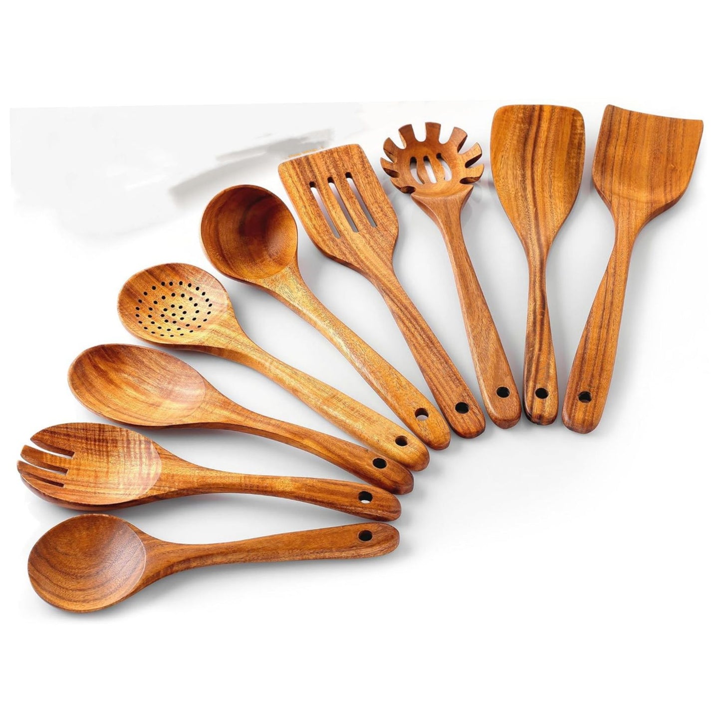 Acacia wood kitchen utensil set with assorted wooden spoons, slotted spoons, and spatulas
