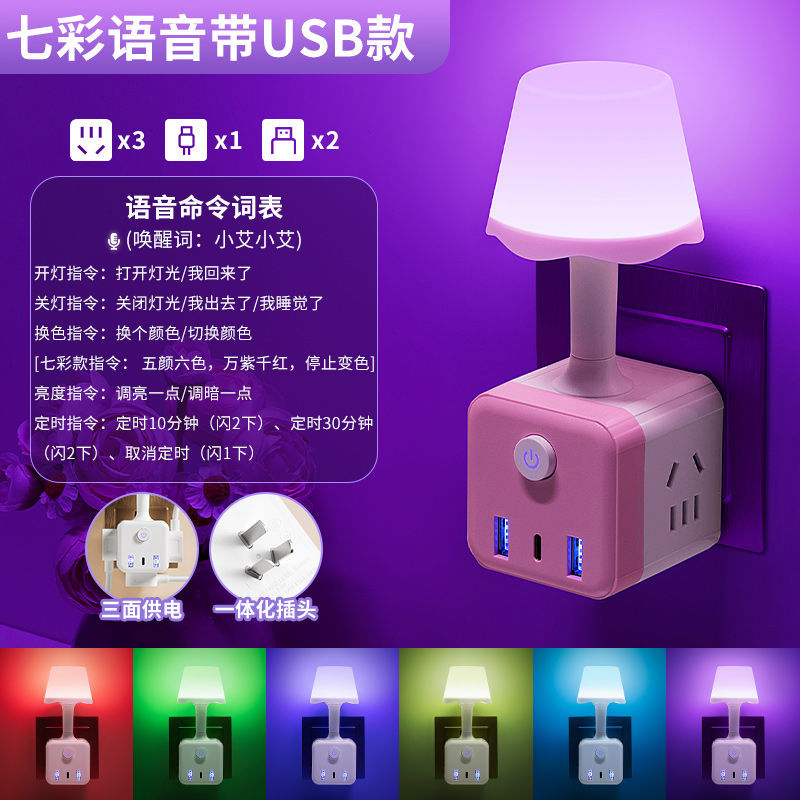 Pink cube LED night light with white shade and front outlet ports